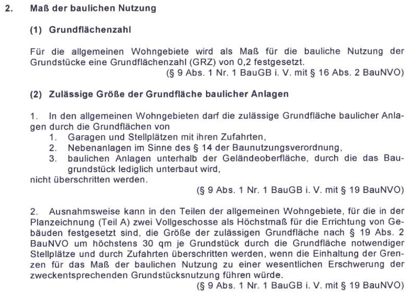 Dokumentenseite mit Text zum Maß der baulichen Nutzung und Grundflächenregelung