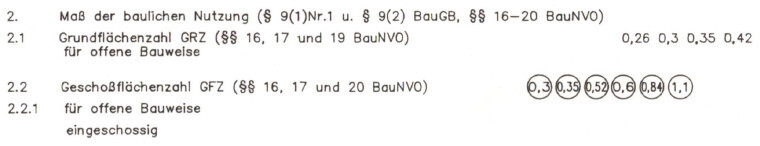 Formularseite: Maß der baulichen Nutzung, GRZ und GFZ mit Kreisen, offene Bauweise eingeschossig