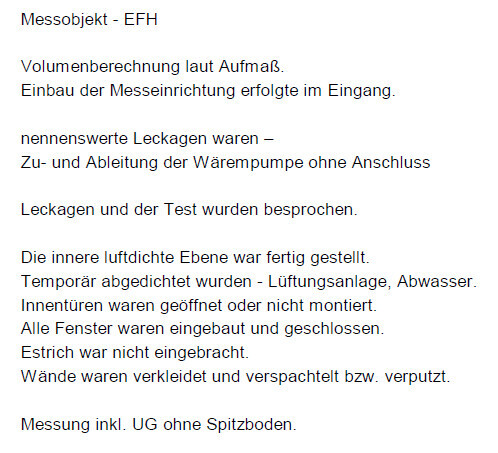 Textdokument mit Aufmaßbericht für EFH zu Volumenberechnung, Leckagen und Baumängeln.