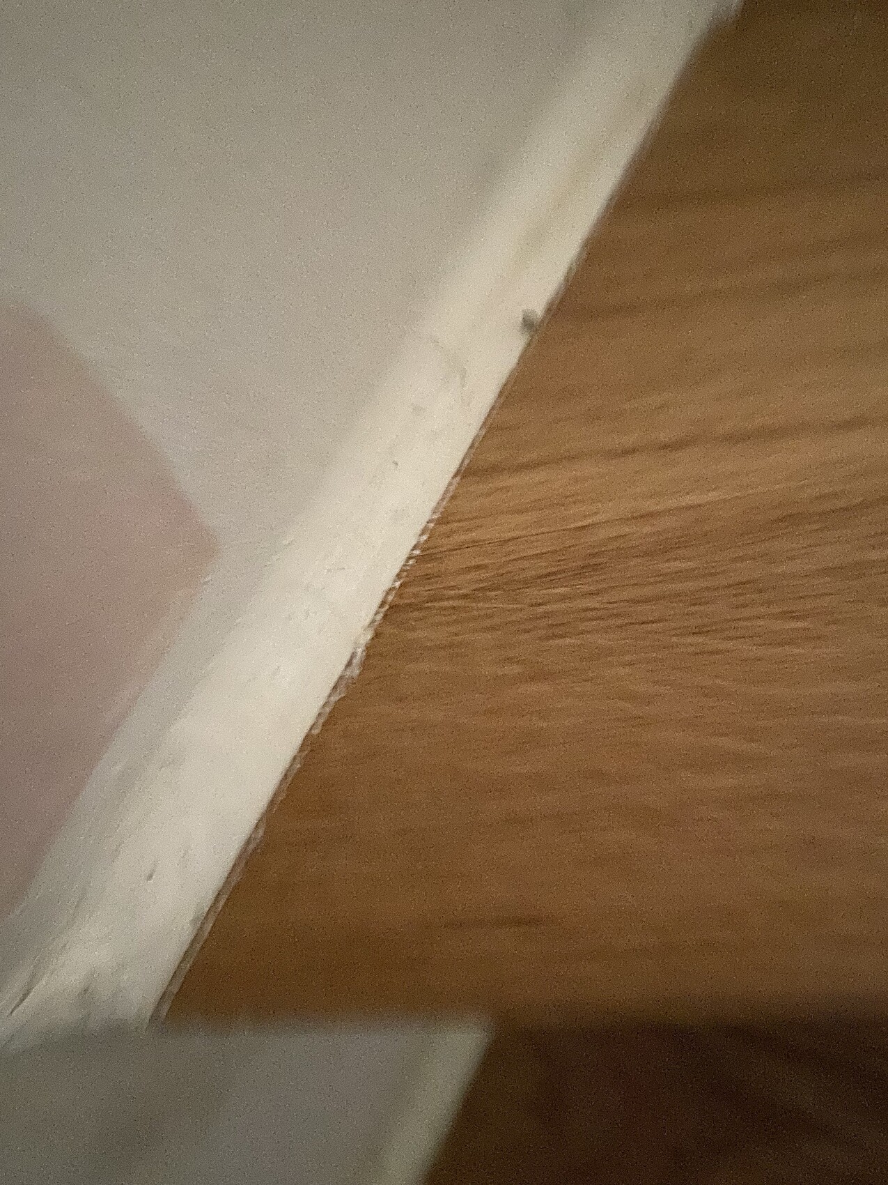 Ecke von Wand und Boden: weiße Sockelleiste mit Abplatzungen neben braunem Holzboden.