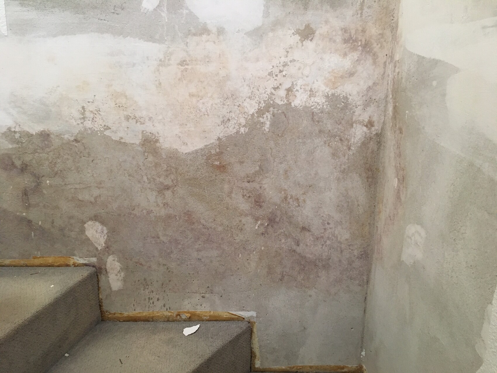 Stufenaufgang aus Beton mit abgenutztem Holzhandlauf an beschädigter Wand.
