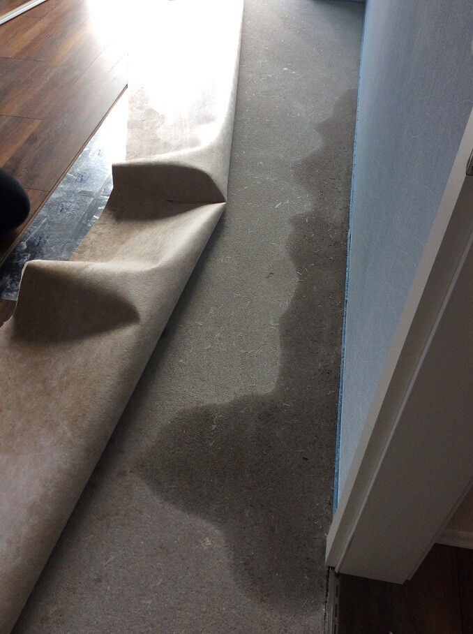 Feuchte Feuchtigkeitsspuren auf rohem Betonboden neben einer Teppichrolle im Innenbereich