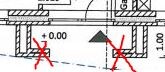 Grundriss eines Fundamentplans mit roten Markierungen und Maßangaben.