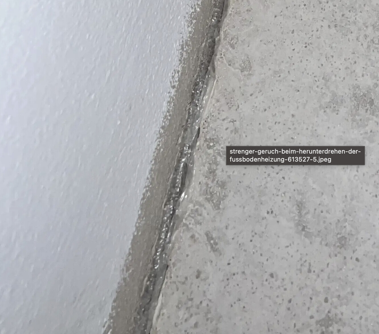 Nahaufnahme eines Spalts zwischen weißer Wand und Betonboden, mit dunkler Dichtungsmasse am Rand.