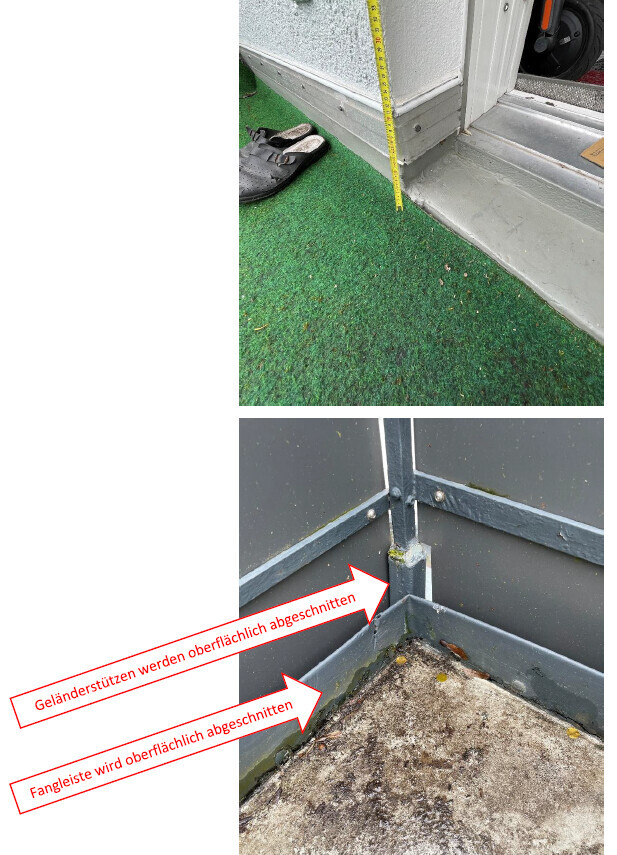 Baustellenbild: Maßband an Türschwelle; Geländerstützen und Fangleiste oberflächlich abgeschnitten.