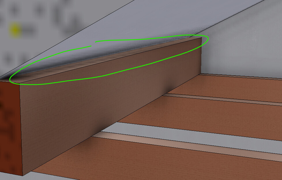 3D-Render eines Holzfußbodens mit Balken und Wandfuge, sichtbare Fuge am Übergang.