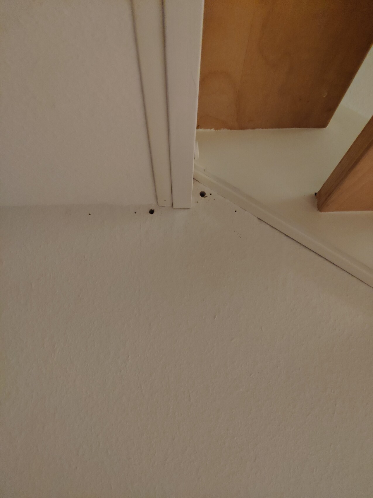 Weißer Boden, Türrahmen links und Holz-Tür rechts; mehrere dunkle Bohrlöcher am Boden.