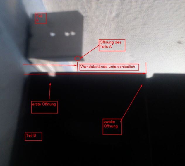 Technische Zeichnung: Teil A oben mit Öffnung, ungleiche Wandabstände, Teil B unten.