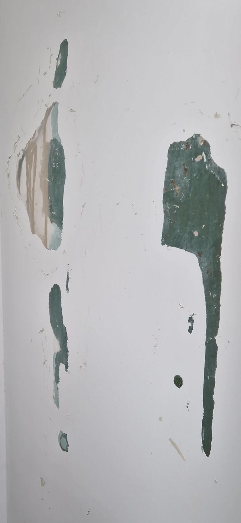 Weiße Innenwand mit abgeblätterter gruenblauer Wandfarbe und Putzstellen