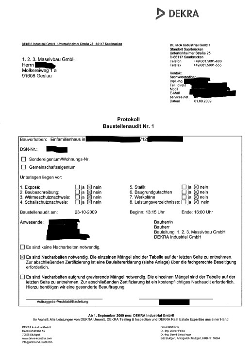 DEKRA Bausteinaudit-Protokoll Nr. 1 für Einfamilienhaus, Formularseite mit Checklisten
