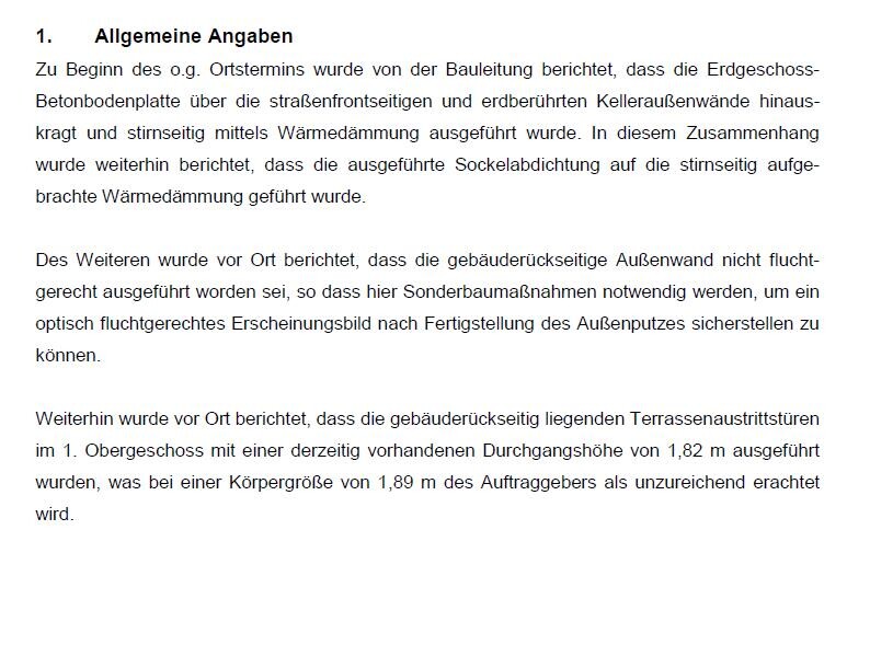 Dokumentseite mit allgemeinen Angaben zu Baumängeln und Bauzustand.
