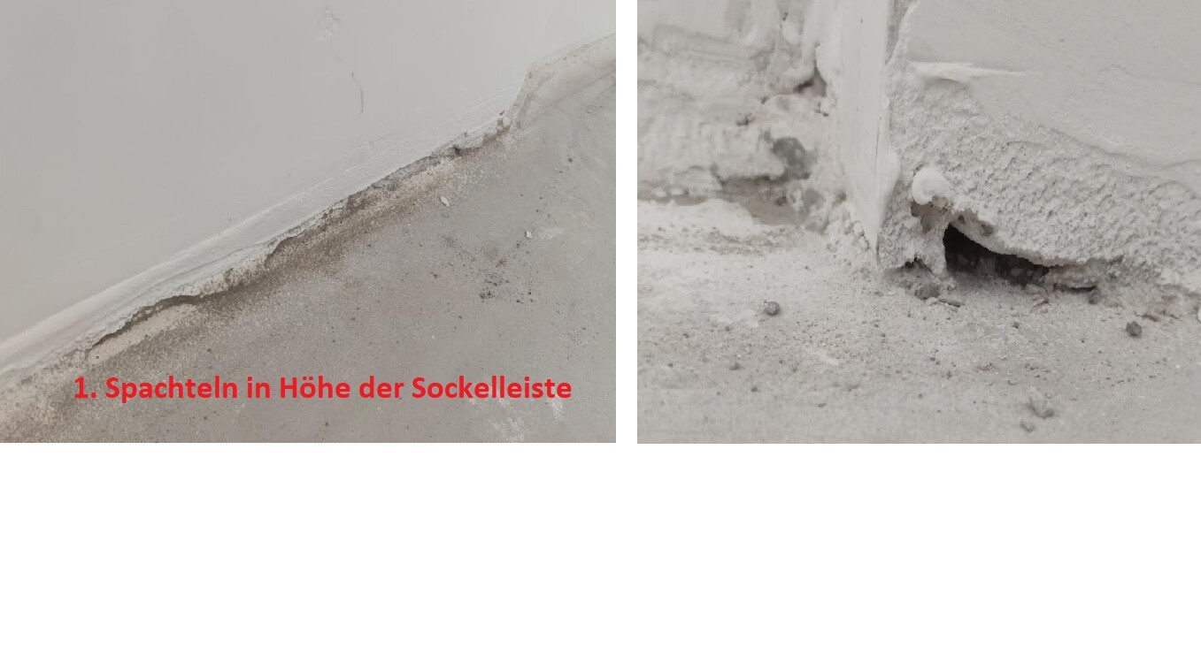 Zweiteiliges Baubild: Links Spachtelmasse an der Sockelleiste, rechts Nahaufnahme der Putzkante.