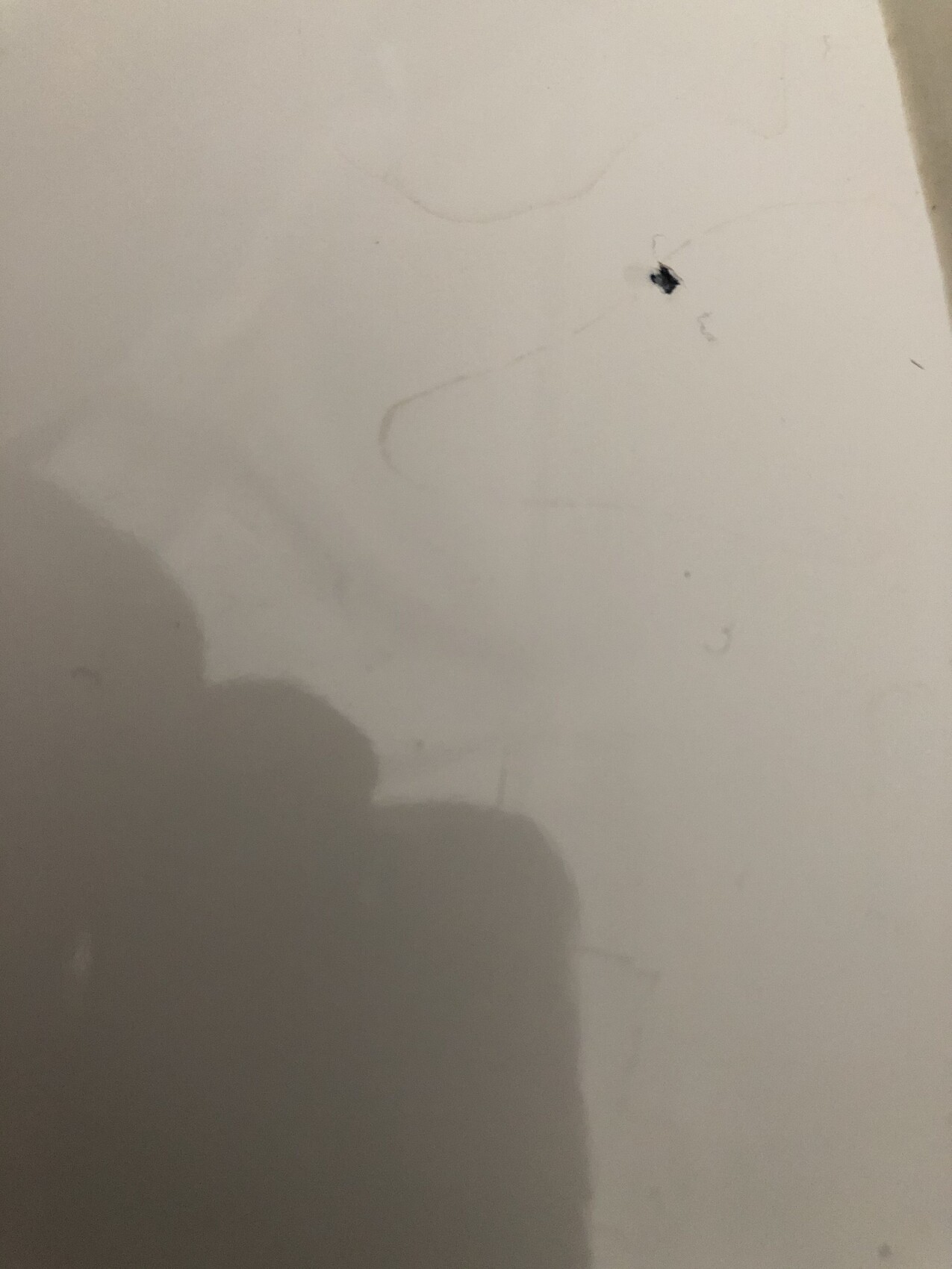 Weiße Wand mit leichten Linien; dunkler Fleck und Schatten des Fotografen unten links.