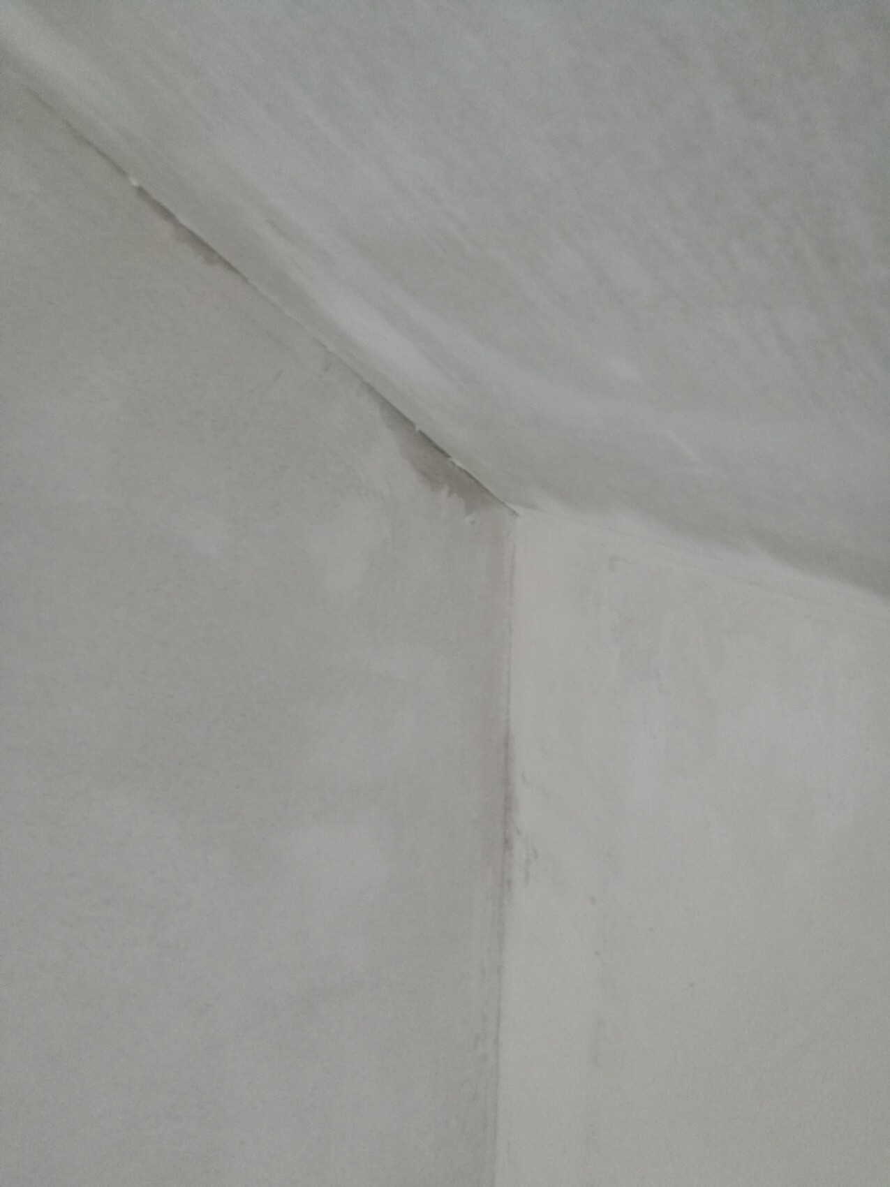 Ecke einer weißen Wand und Decke mit Riss und Putzabplatzungen.