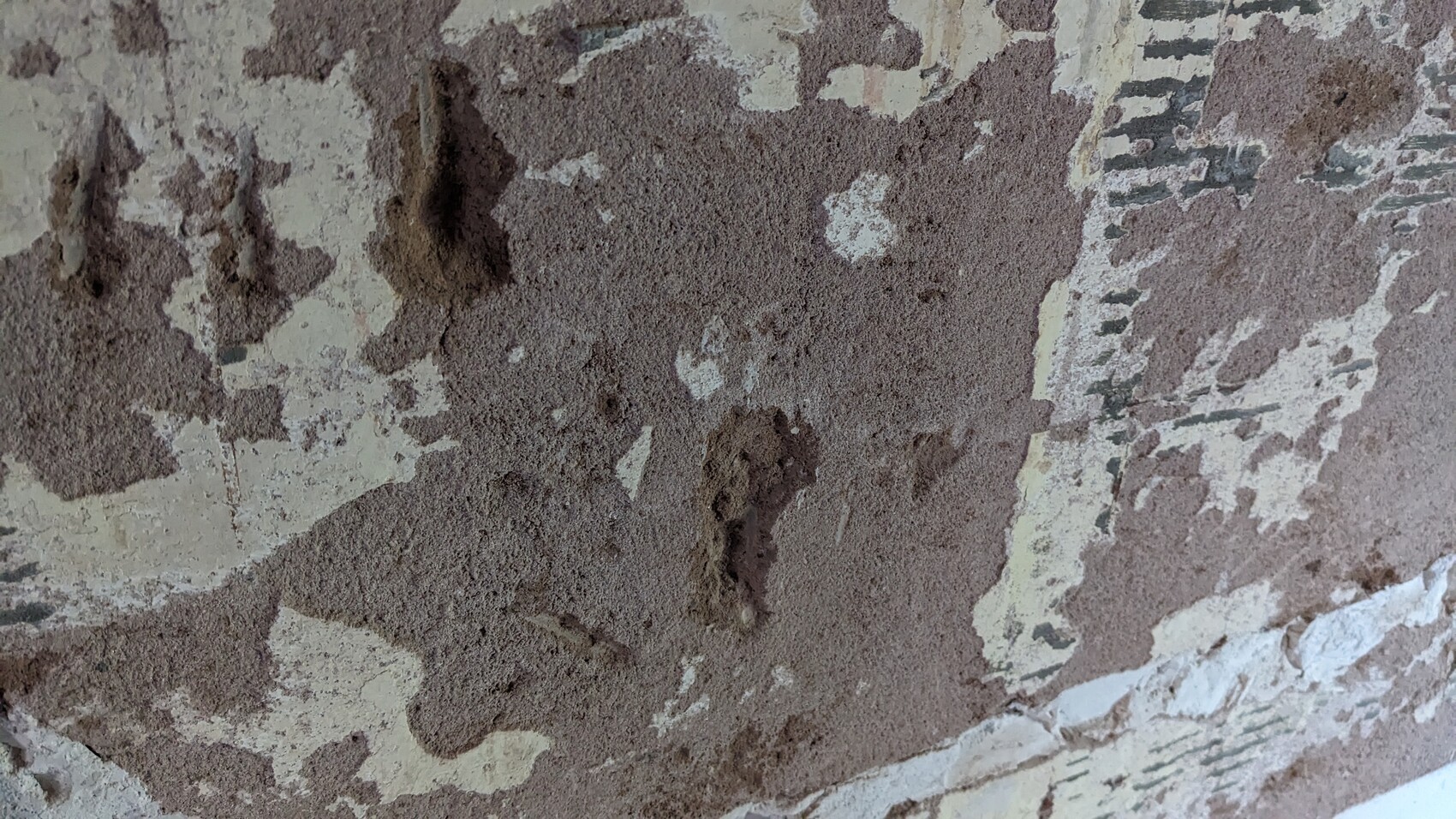 Wandoberfläche mit braunem Schlammstaub und abgeblättertem Putz.