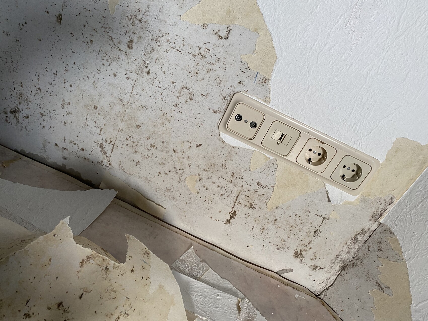 Wand mit abblätternder Tapete; integrierte Steckdosenleiste mit USB-Port und zwei Steckdosen.