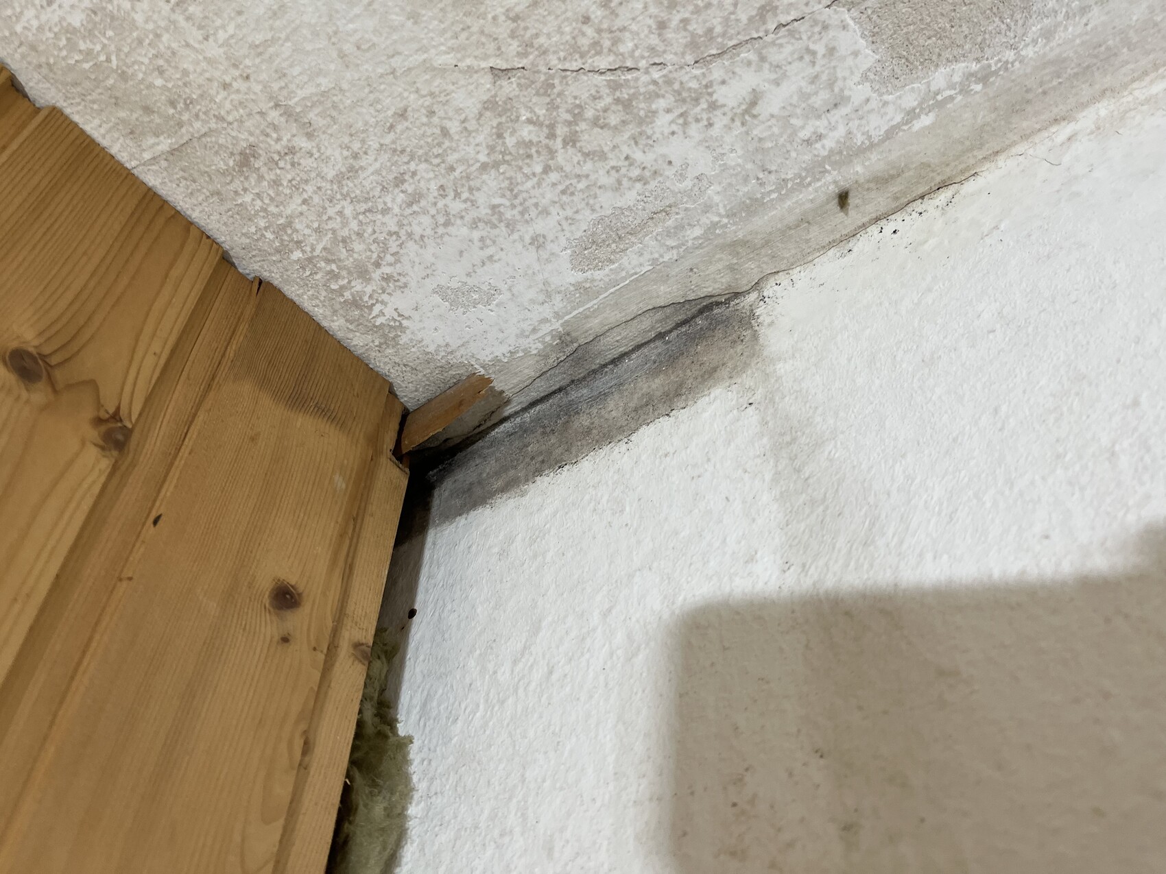 Innenraumecke mit Holzbalken und Feuchtigkeitsschaden an Wand und Decke.