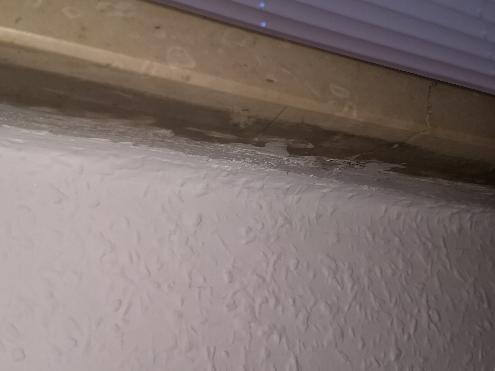 Weiße, raue Wand unten; Wasserschaden an der Oberkante, oben lila Jalousie.
