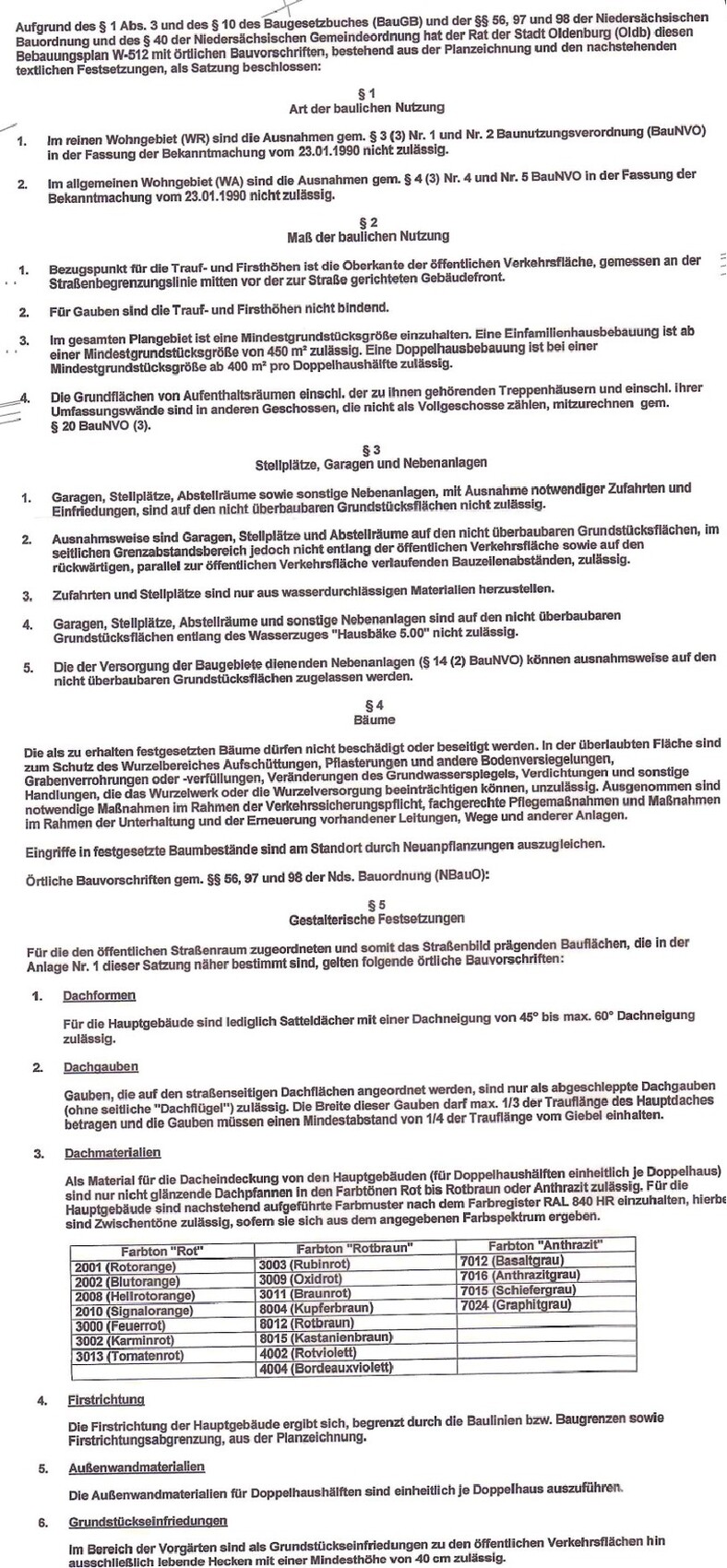 Bebauungsplan mit §§ 1–5, Nutzungen, Stellplätze, Bäume und Festsetzungen.