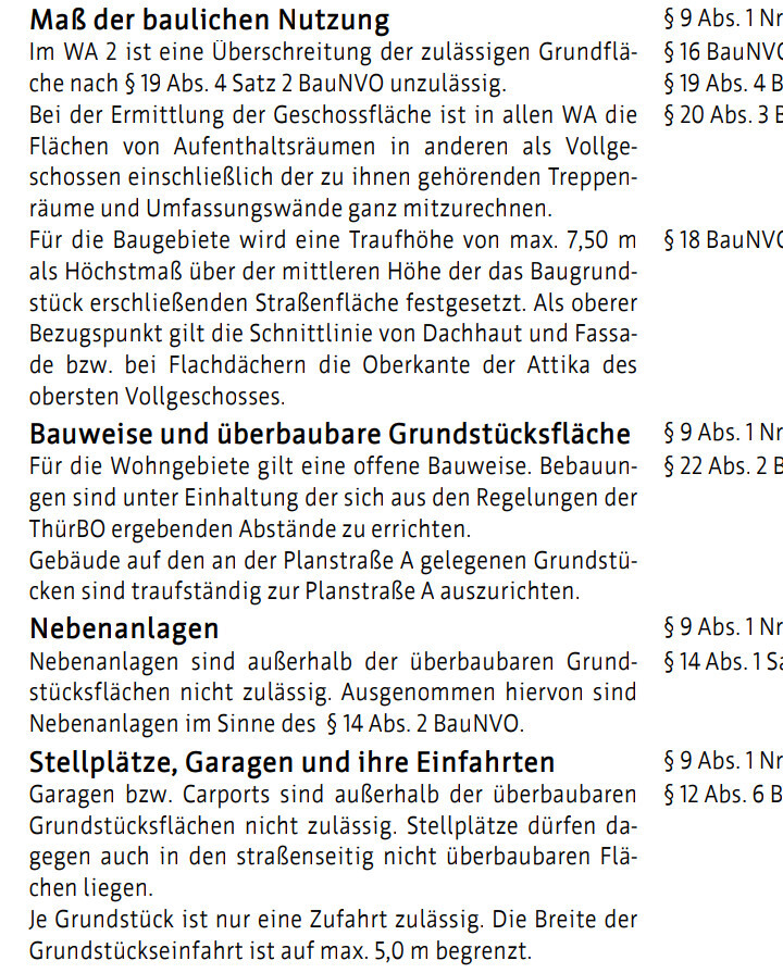 Textseite mit baurechtlichen Nutzungs- und Bauvorschriften