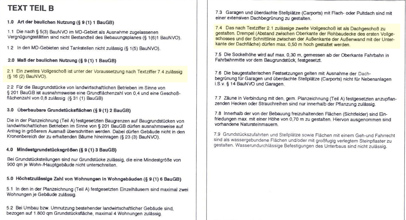 Zweigeteiltes Textdokument mit Bauvorschriftenabschnitten und Überschriften