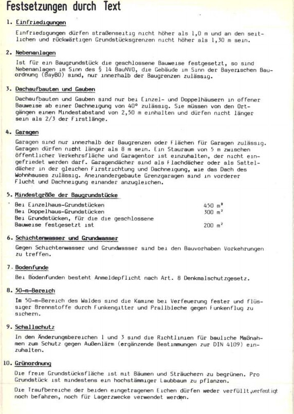 Scan eines Textdokuments mit Bauvorschriften und Festsetzungen