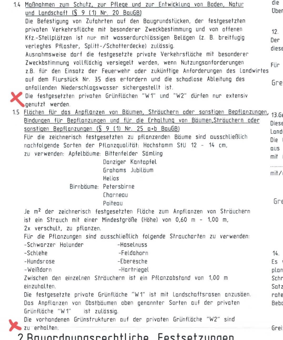Seiten aus einem Rechtsdokument: Bau- und Grünflächenvorgaben, Pflanzliste.