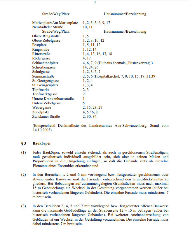 Seitenfoto: Verzeichnis von Straßennamen und Hausnummern; Abschnitt Baukörper §3.