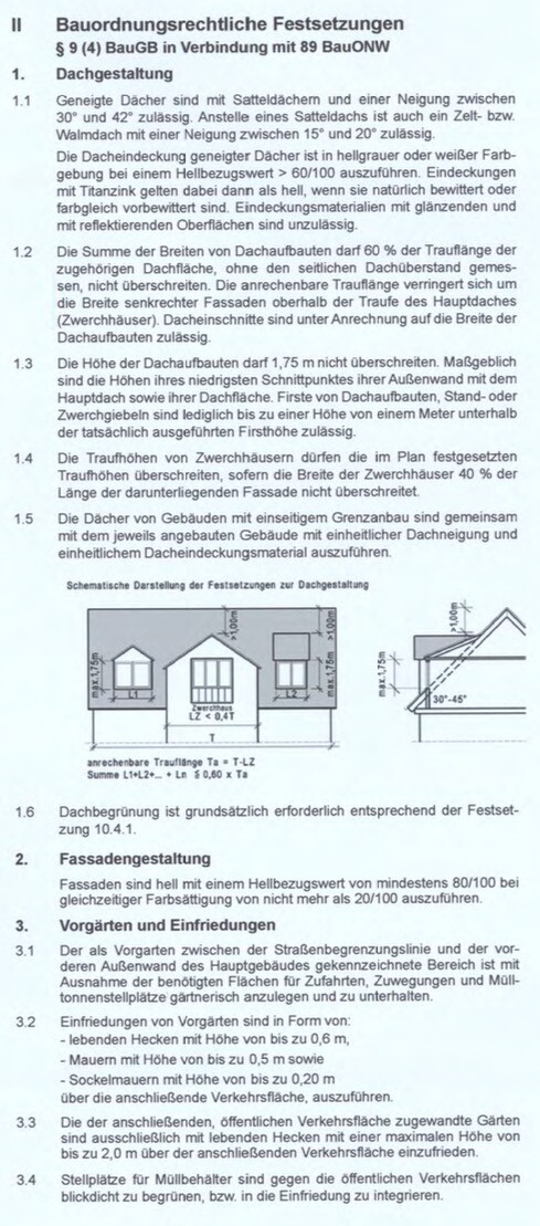 Baurechtliches Dokument mit Regeln zur Dach- und Fassadengestaltung und Diagrammen.