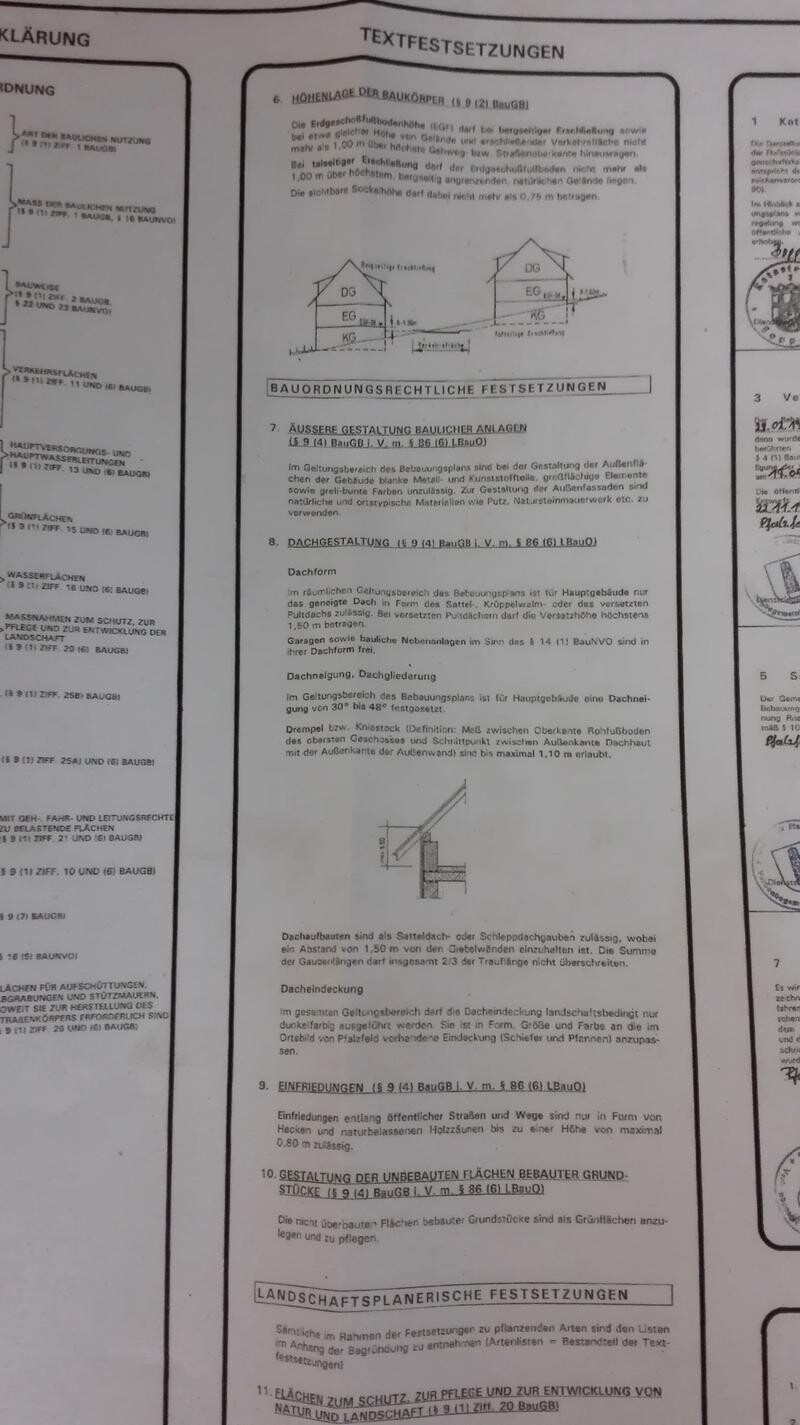 Bild einer Seite aus einem Bauordnungsdokument mit Diagrammen zweier Häuser und Textabschnitten.