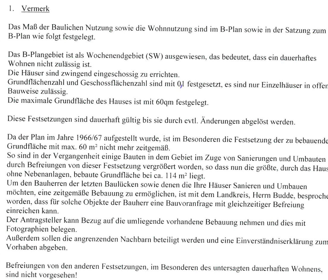 Seiten eines Textdokuments mit Vermerk zum B-Plan und Grundstücksangaben