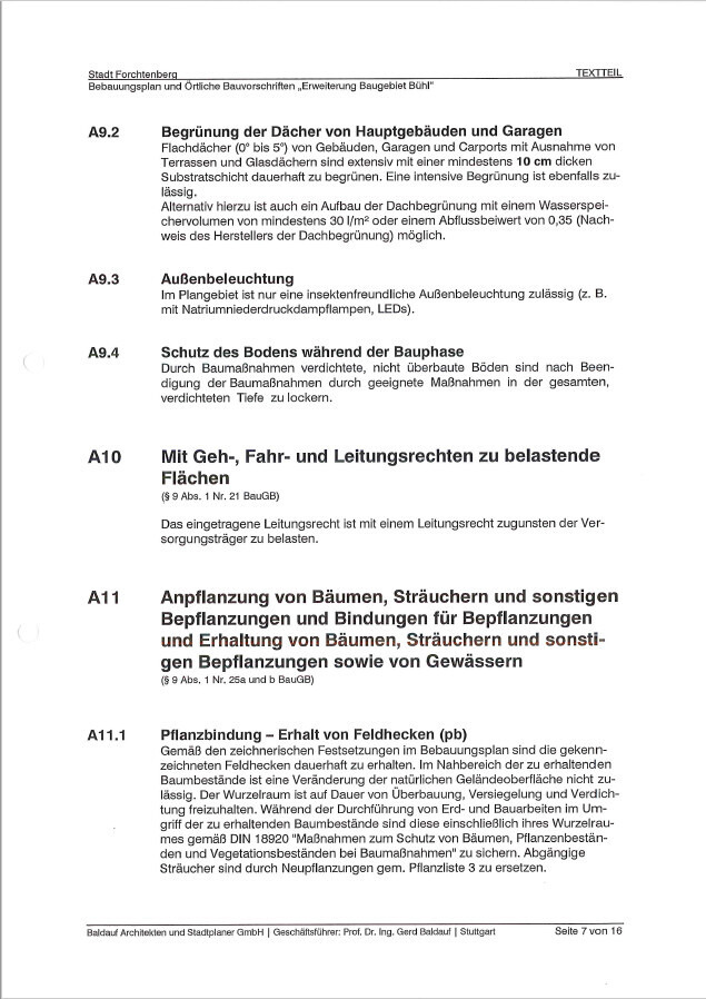 Dokumentseite mit Baurechtstexten A9.x und A11: Begrünung, Außenbeleuchtung, Bodenschutz