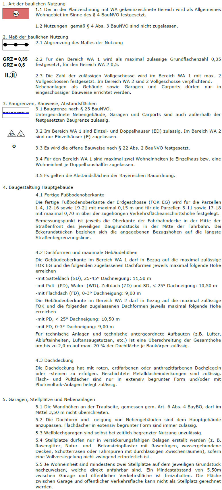 Bild eines Bebauungsplans mit Nutzungsarten WA, GRZ, Baugrenzen und Dachformen.