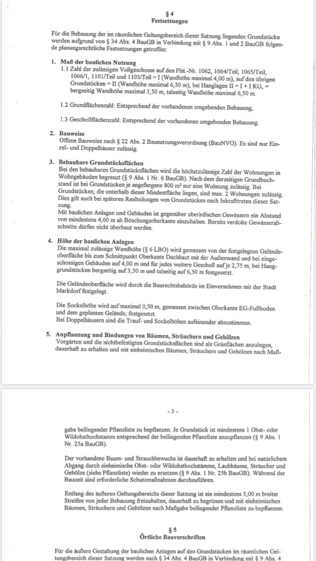 Seite einer Satzung: §4 Festsetzungen zu baulicher Nutzung, Bauweise und Grundstücksflächen.