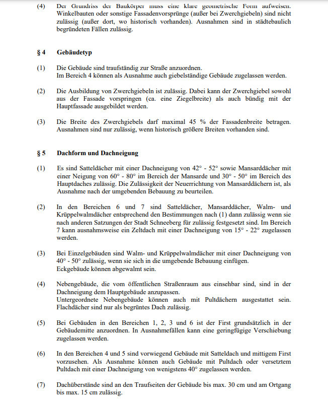 Ausschnitt aus einer Bauordnung mit Abschnitten zu Gebäudetyp, Dachform und Dachneigung