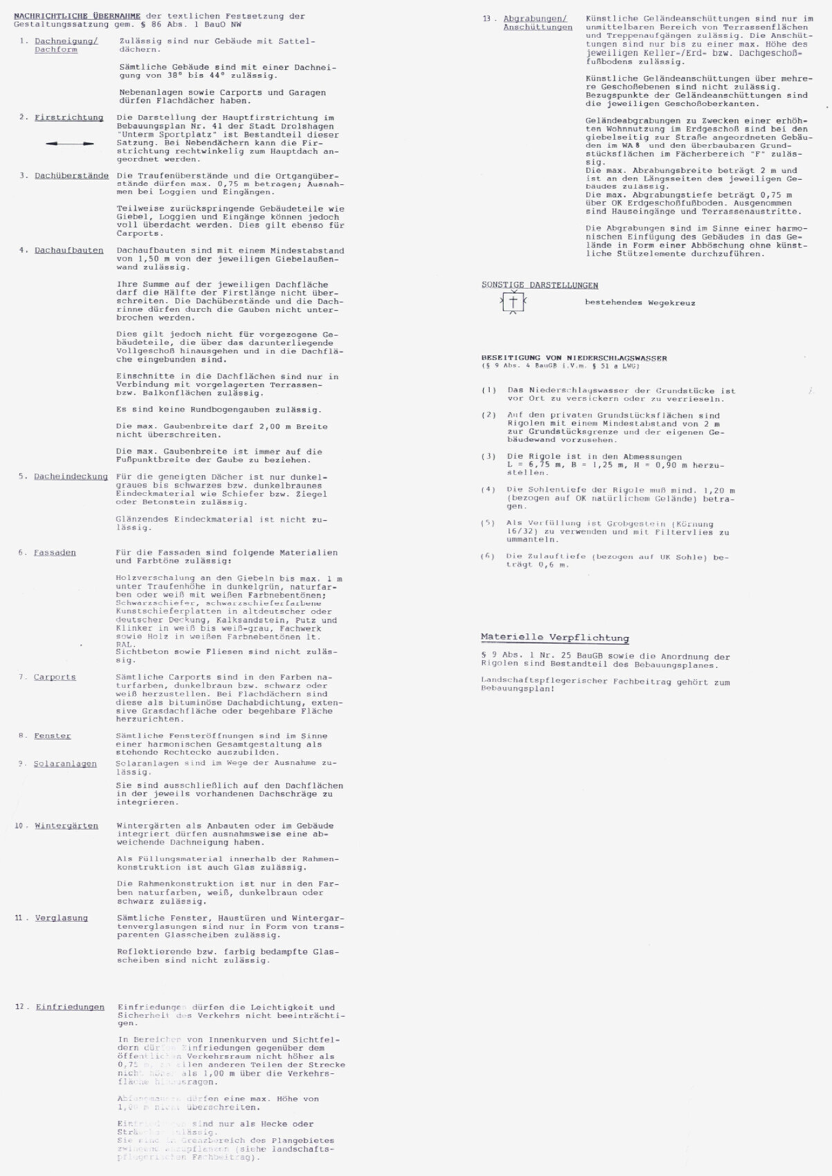 Dokument mit baurechtlichen Gestaltungsvorgaben zu Dach, Fassaden und Carports