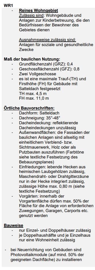 Dokument mit Bauregeln: Reines Wohngebiet, Nutzungs- und Bauvorschriften, Dachformen, Bauweise.
