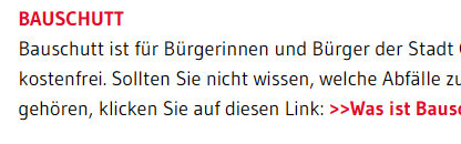 Warnhinweisbanner zu Bauschutt mit rotem Titel BAUSCHUTT und Textabschnitt
