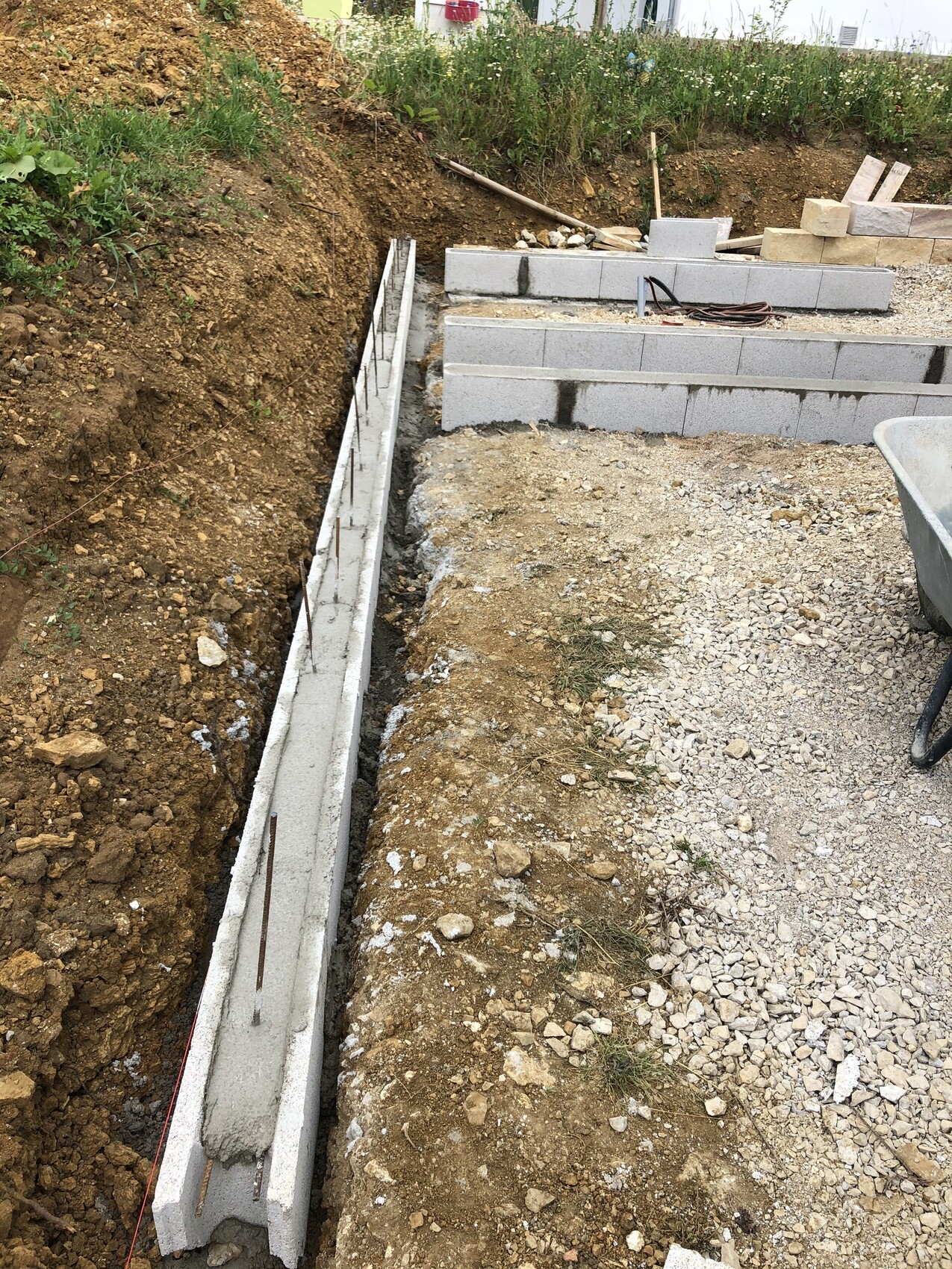 Graben mit einer provisorischen Mauer aus Betonblöcken, Erde und Kies, Schubkarre daneben.