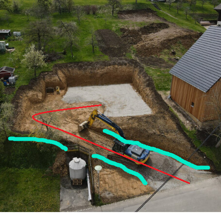 Ausgehobene Baugrube im Garten mit Bagger neben Holzhaus, Vorbereitung Fundament