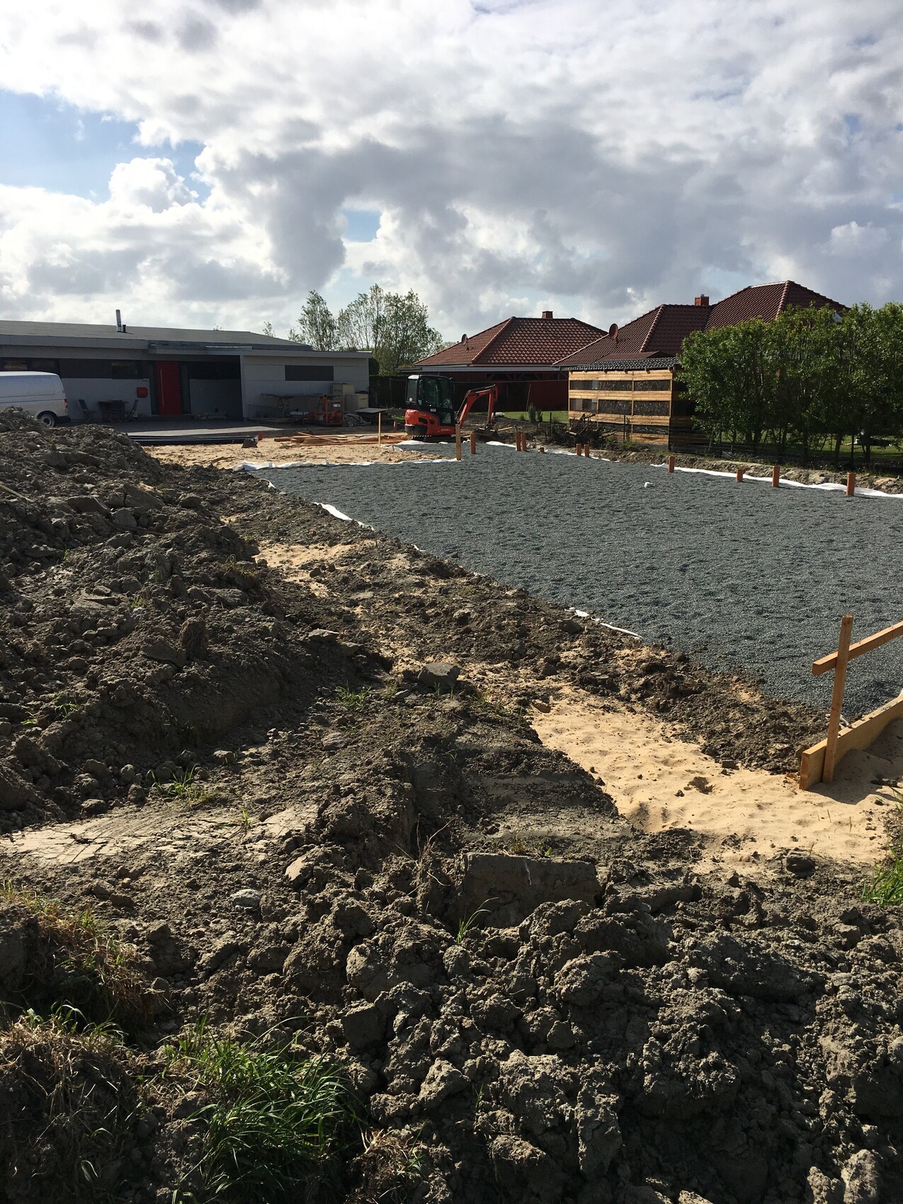 Baustelle: Grundfläche aus Kies/Schotter, Bagger, Erdhügel, Häuser im Hintergrund.