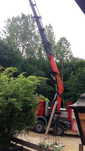 Mobiler Baukran mit ausgefahrenem Arm neben LKWs und Bäumen.