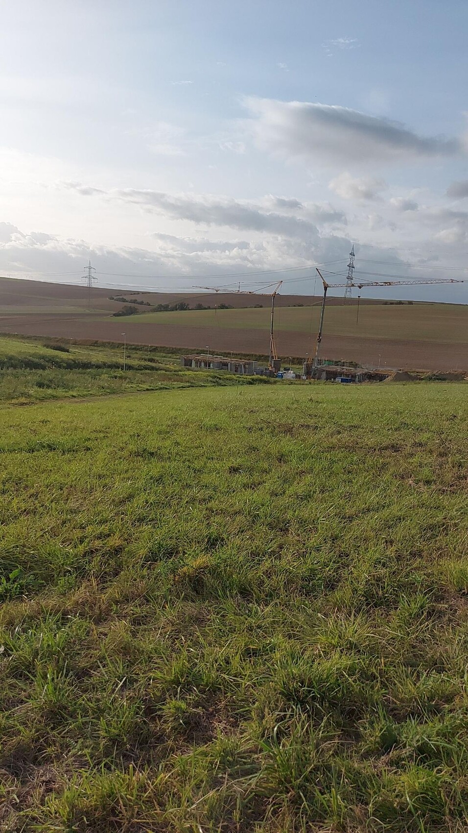 Grünes Feld im Vordergrund, Kräne und Baugeräte am Bauplatz, entfernte Strommasten und Himmel.