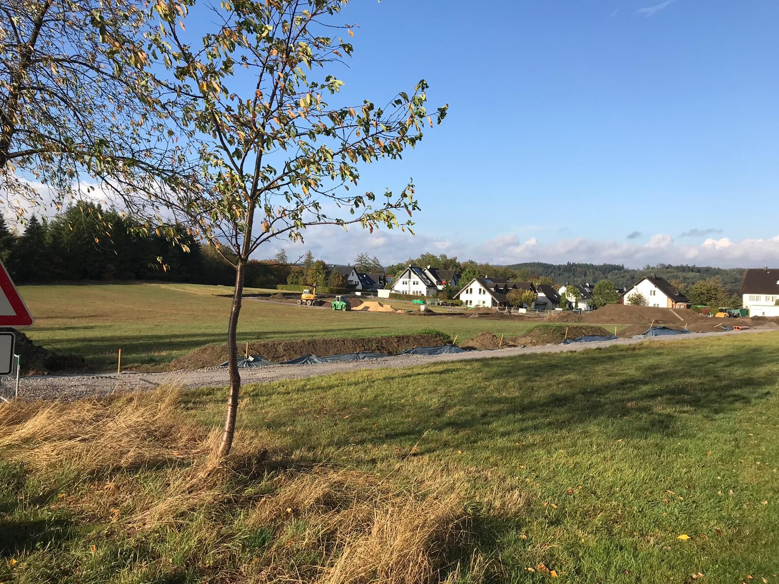 Grünes Feld mit Baugeräten, Erdhügeln und Häusern im Hintergrund; Baum im Vordergrund, blauer Himmel.