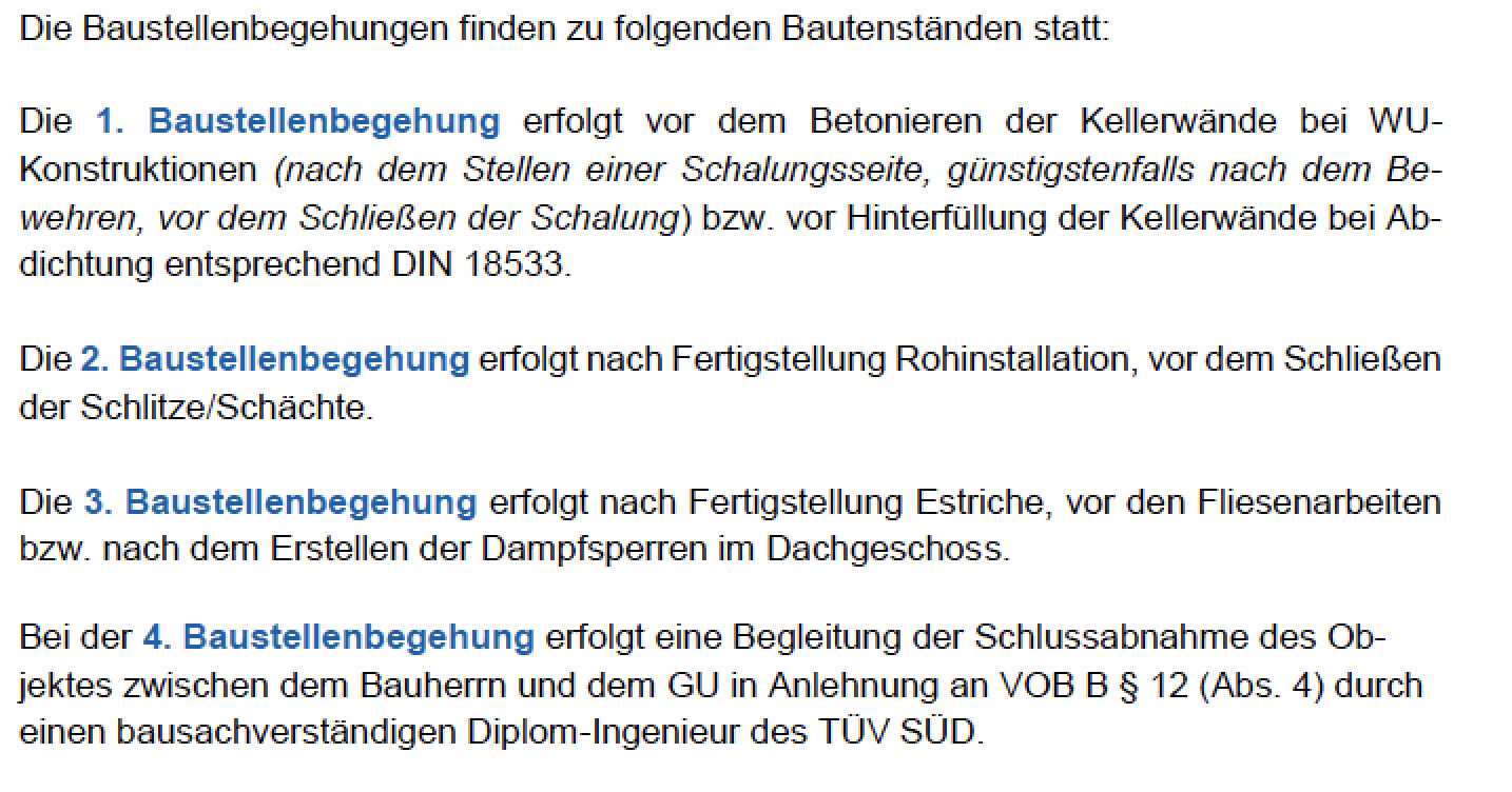 Vier Baustellenbegehungen in Bauphasen: Betonieren, Rohinstallation, Estrich, Abschluss.
