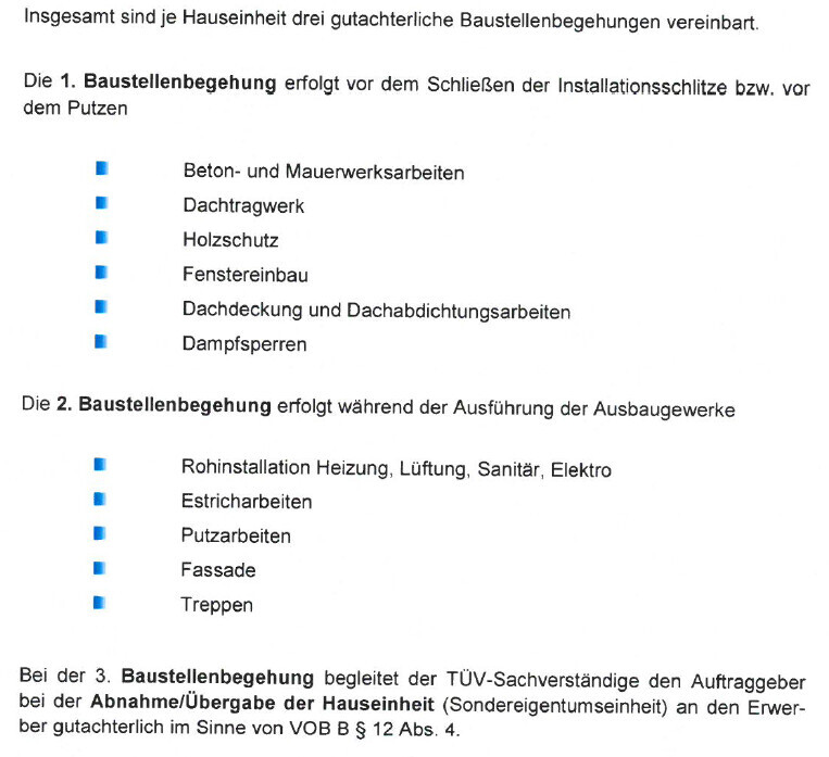 Dokument über drei Baustellenbegehungen mit Aufzählung der Gewerke und Phasen.