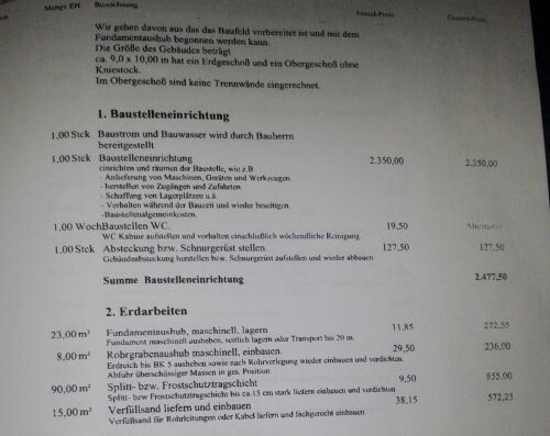 Dokument mit Baunebenkosten: Baustelleneinrichtung und Erdarbeiten.