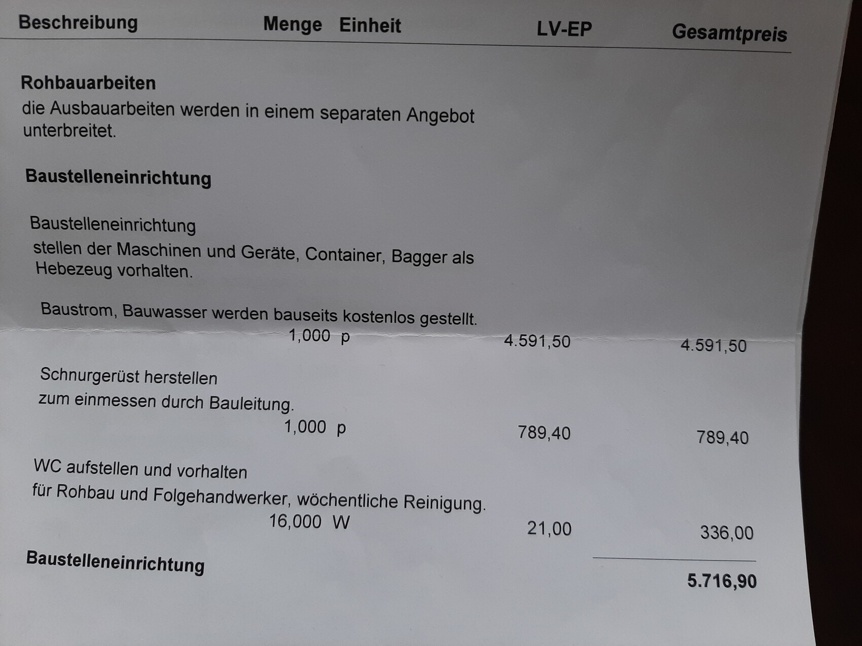 Bau-Rechnung: Liste der Bauleistungen mit Baustelleneinrichtung, Gerüst und WC; Gesamt 5.716,90 EUR.