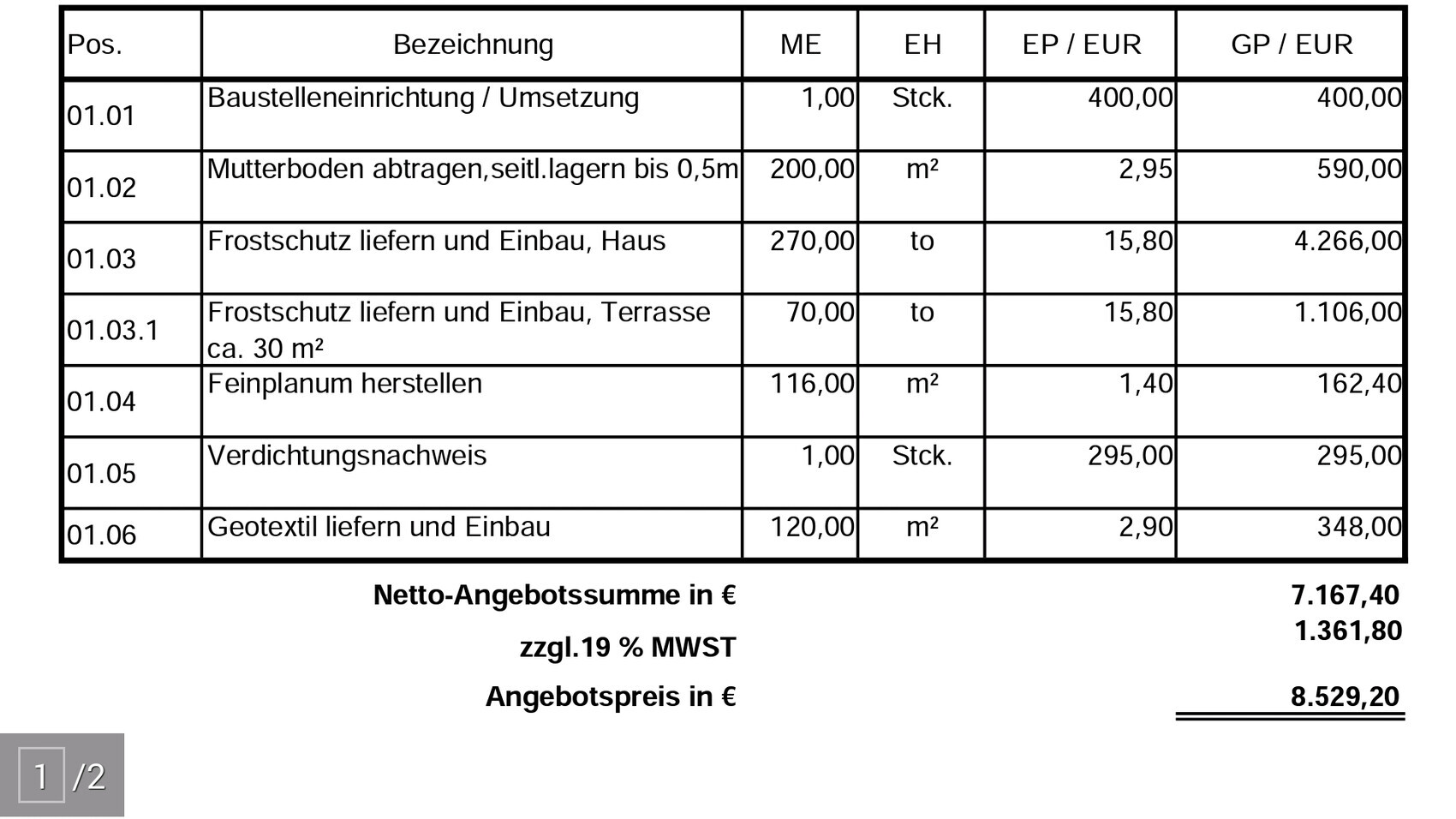 Tabelle mit Baukostenaufstellung zeigt Netto- und MwSt-Beträge auf einem Angebotsblatt