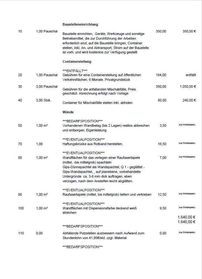 Dokument mit Kostenliste zur Baustelleneinrichtung (Container, Wände und Positionen).